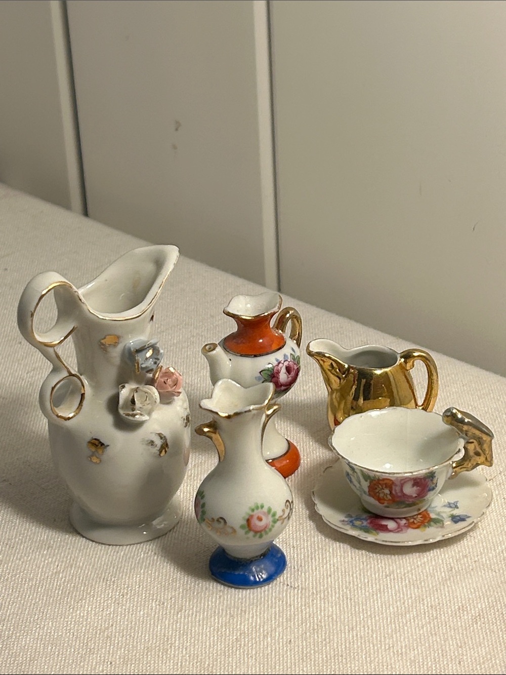 Vintage mini figurine LOT gold pitcher France parrot handle teacup Japan 1950s